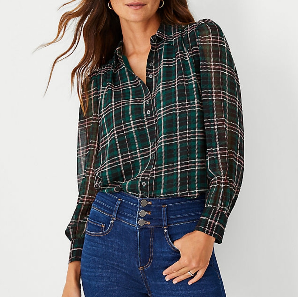 {Ann Taylor} Plaid Sheer Sleeve Shirt Size Small - Picture 16 of 16